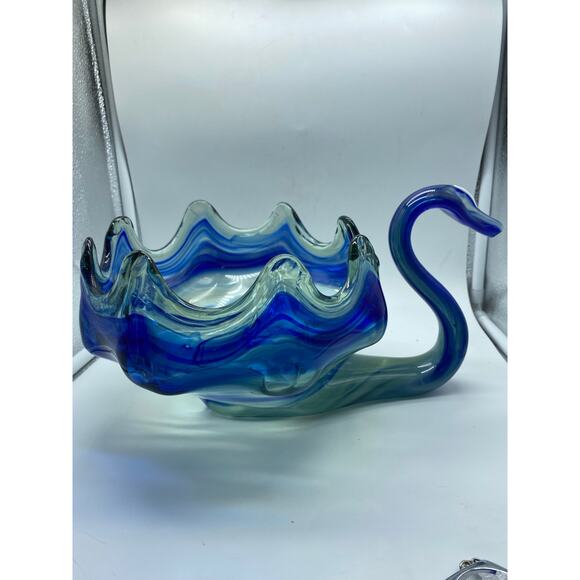 Vintage Art Glass Sooner‎ Blue Swirl Murano Style Hand Blown Swan Bowl Dish - Picture 4 of 8